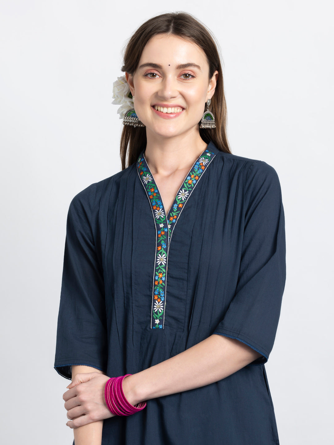 Navy Pin Tuck Floral Embroidered Straight Kurta from Shaye India , Kurta for women