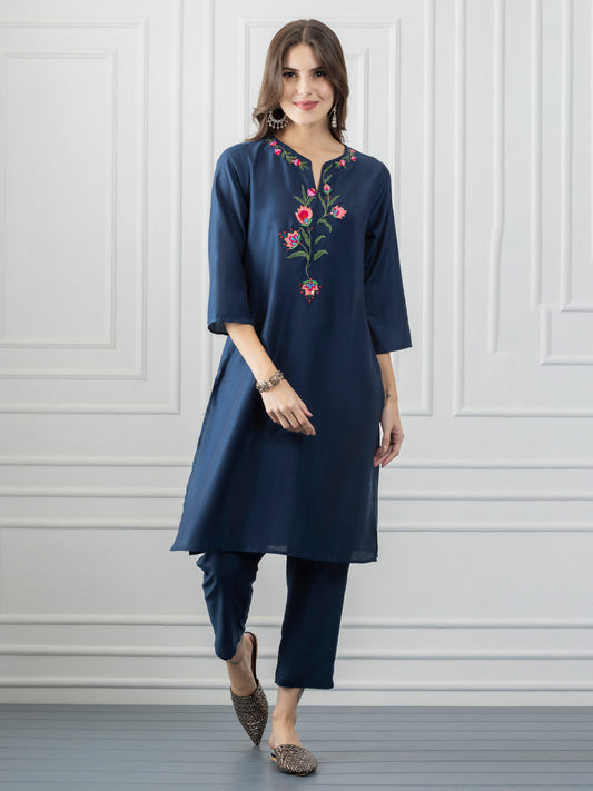 Navy Blue Embroidered and Sequin Straight Kurta from Shaye India , Kurta for women