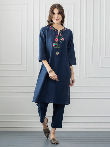 Navy Blue Embroidered and Sequin Straight Kurta from Shaye India , Kurta for women