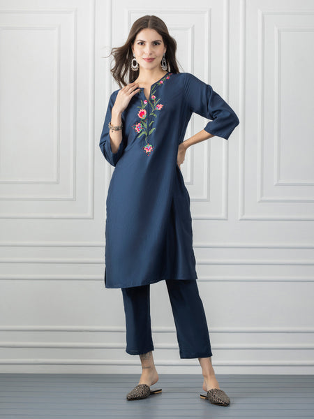 Navy Blue Embroidered and Sequin Straight Kurta from Shaye India , Kurta for women