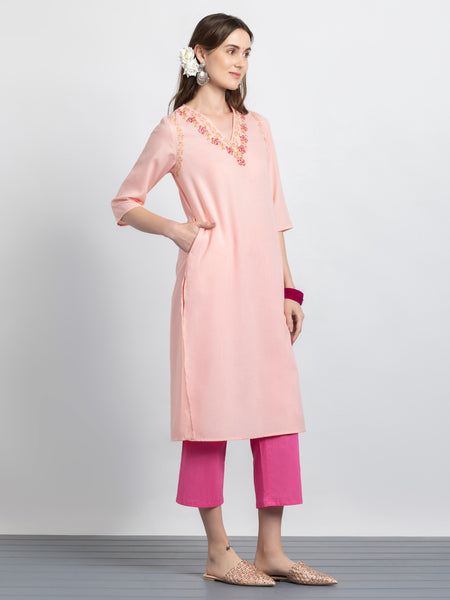 Peach Floral Embroidered Straight Kurta from Shaye India , Kurta for women