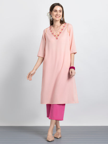 Peach Floral Embroidered Straight Kurta from Shaye India , Kurta for women