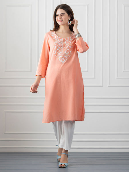 Peach Embroidered Cotton Straight Kurta from Shaye India , Kurta for women