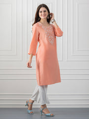 Peach Embroidered Cotton Straight Kurta from Shaye India , Kurta for women