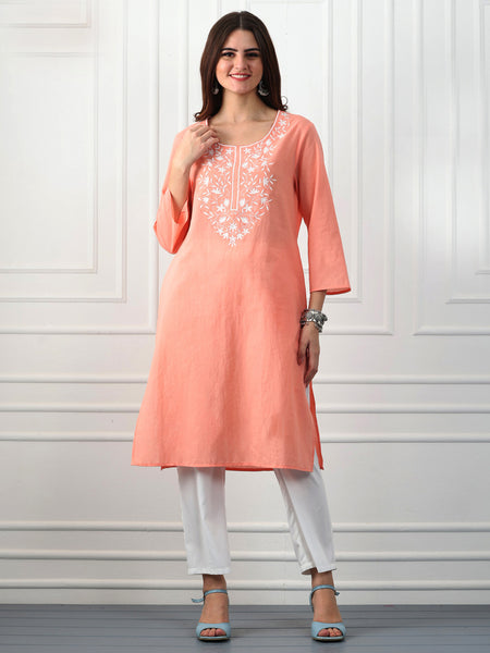 Peach Embroidered Cotton Straight Kurta from Shaye India , Kurta for women