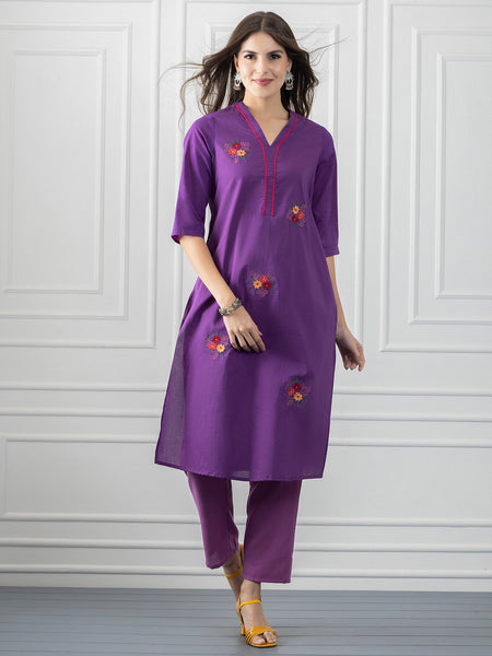 Purple Floral Embroidered Cotton Straight Kurta from Shaye India , Kurta for women