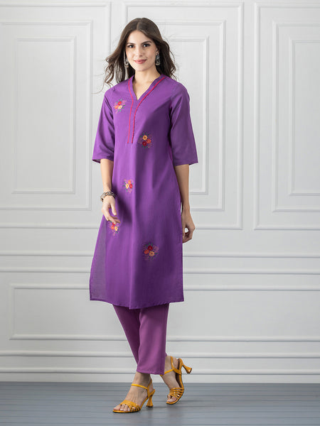 Purple Floral Embroidered Cotton Straight Kurta from Shaye India , Kurta for women