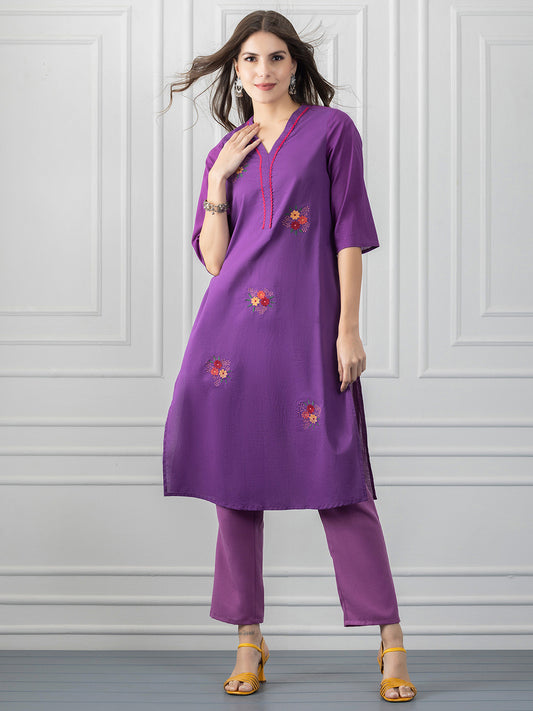 Purple Floral Embroidered Cotton Straight Kurta from Shaye India , Kurta for women