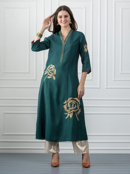 Green Chanderi Gold Floral Embroidered Anarkali Kurta from Shaye India , Kurta for women