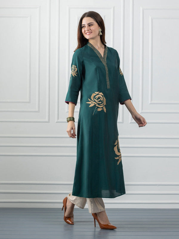 Green Chanderi Gold Floral Embroidered Anarkali Kurta from Shaye India , Kurta for women