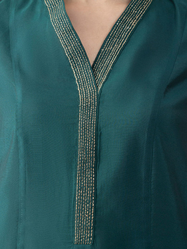 Green Chanderi Gold Floral Embroidered Anarkali Kurta from Shaye India , Kurta for women