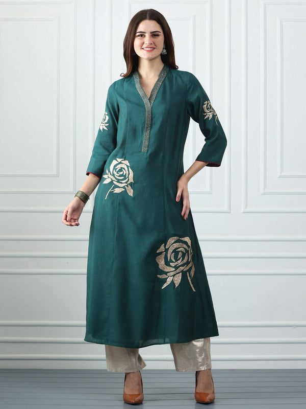 Green Chanderi Gold Floral Embroidered Anarkali Kurta from Shaye India , Kurta for women