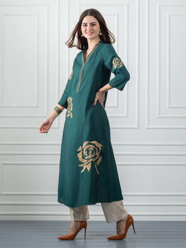 Green Chanderi Gold Floral Embroidered Anarkali Kurta from Shaye India , Kurta for women