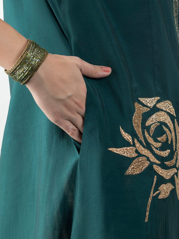 Green Chanderi Gold Floral Embroidered Anarkali Kurta from Shaye India , Kurta for women