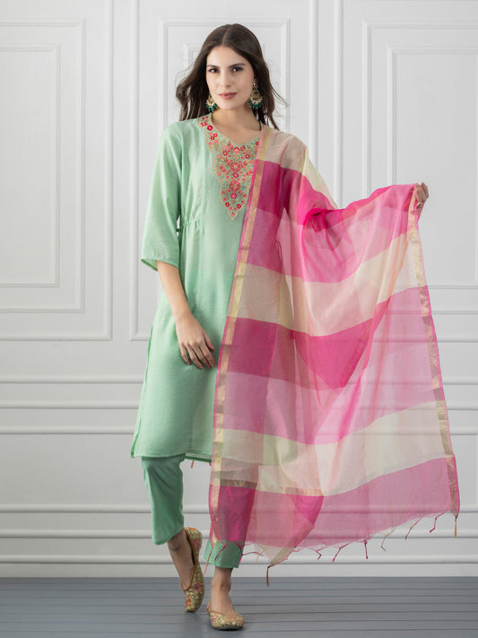 Mint Green Floral Kurta Set with Dupatta from Shaye India , Kurta Set for women