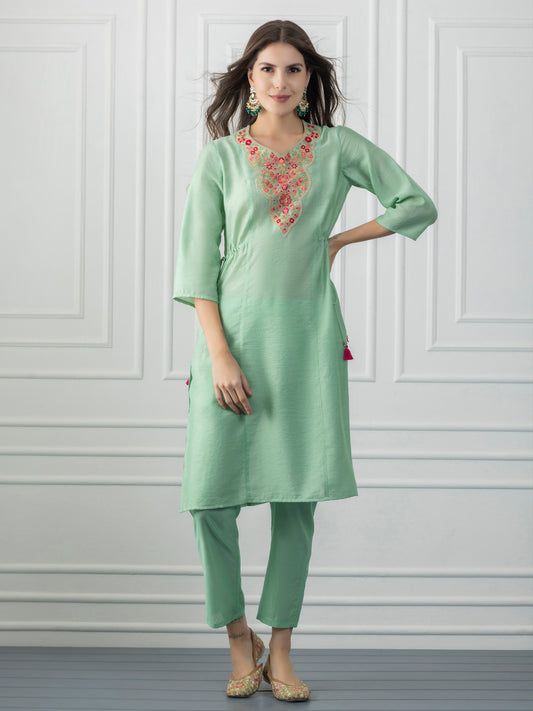 Mint Green Floral Kurta Set with Dupatta from Shaye India , Kurta Set for women