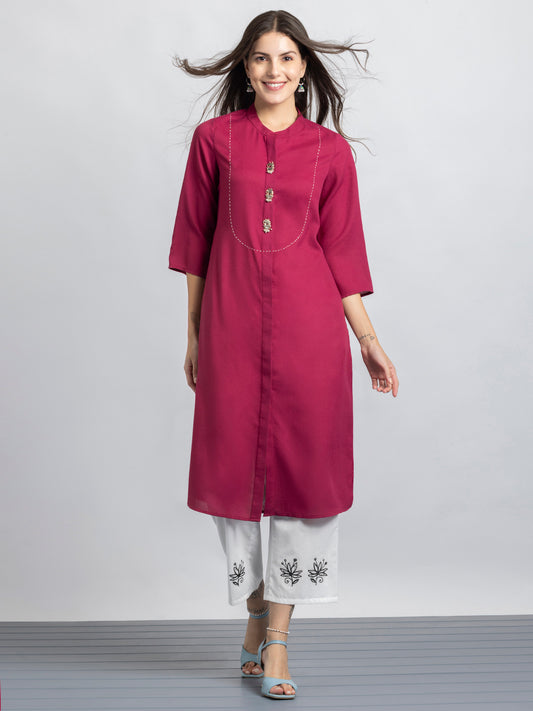 Raspberry Kantha Stitch Embellished Yoke Design Kurta from Shaye India , Kurta for women