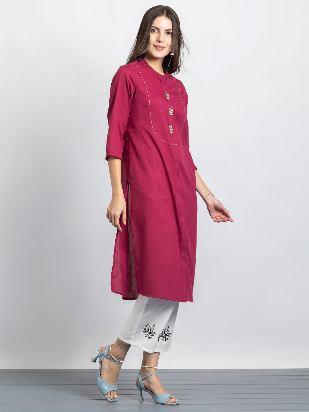 Raspberry Kantha Stitch Embellished Yoke Design Kurta from Shaye India , Kurta for women
