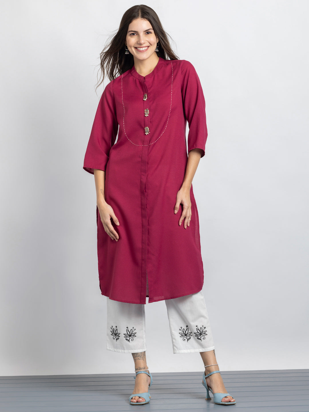 Raspberry Kantha Stitch Embellished Yoke Design Kurta from Shaye India , Kurta for women