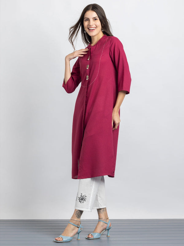 Raspberry Kantha Stitch Embellished Yoke Design Kurta from Shaye India , Kurta for women