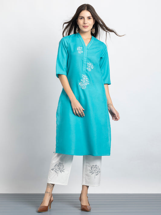 Sea Green Embroidered Straight Kurta from Shaye India , Kurta for women