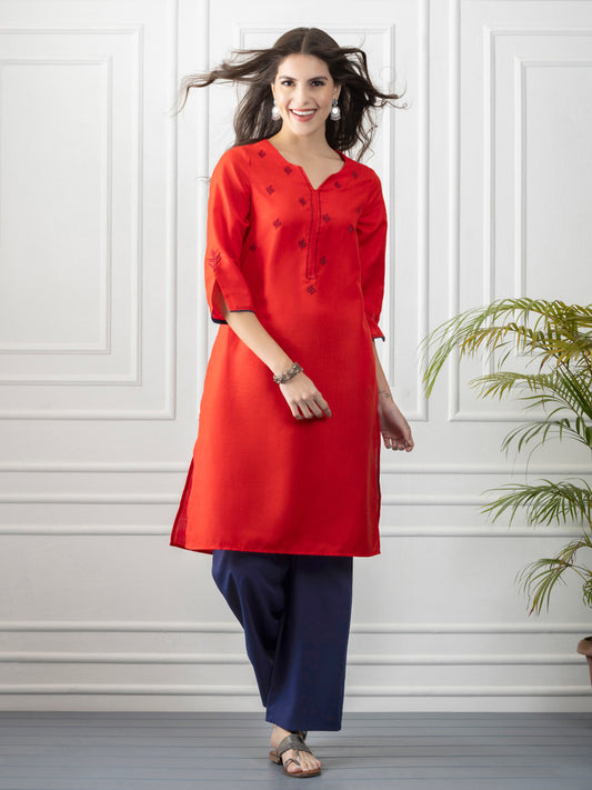 Red Ethnic Motif Embroidered Straight Kurta from Shaye India , Kurta for women