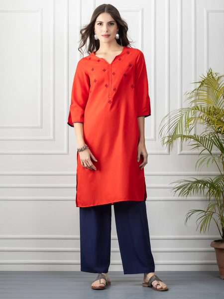 Red Ethnic Motif Embroidered Straight Kurta from Shaye India , Kurta for women