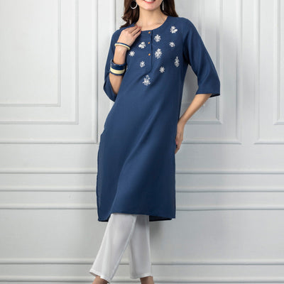 Navy Mirror Work White Embroidered Straight Kurta