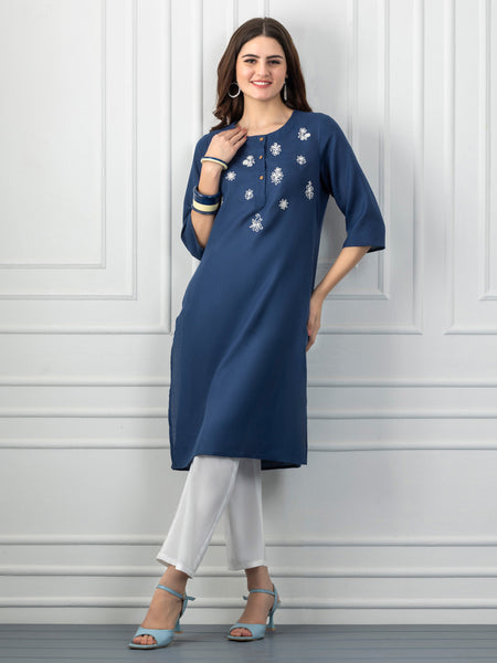 Navy Mirror Work White Embroidered Straight Kurta from Shaye India , Kurta for women