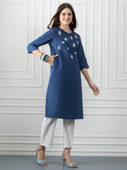 Navy Mirror Work White Embroidered Straight Kurta from Shaye India , Kurta for women