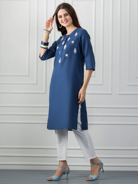 Navy Mirror Work White Embroidered Straight Kurta from Shaye India , Kurta for women