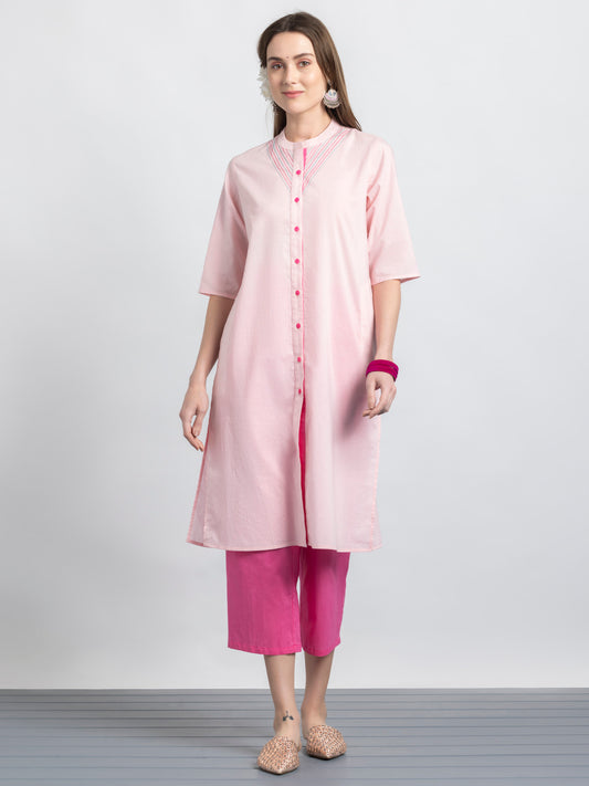 Pink Contrast Stitch Detailing Button Up Cotton Kurta Set from Shaye India , Kurta Set for women