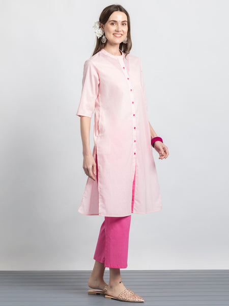 Pink Contrast Stitch Detailing Button Up Cotton Kurta Set from Shaye India , Kurta Set for women