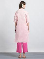 Pink Contrast Stitch Detailing Button Up Cotton Kurta Set from Shaye India , Kurta Set for women