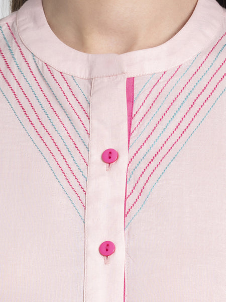 Pink Contrast Stitch Detailing Button Up Cotton Kurta Set from Shaye India , Kurta Set for women