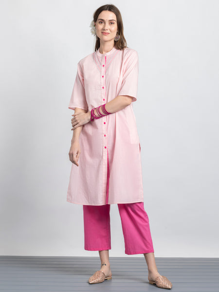 Pink Contrast Stitch Detailing Button Up Cotton Kurta Set from Shaye India , Kurta Set for women