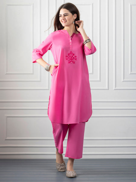 Magenta Embroidered & Mirror Work Cotton Straight Kurta from Shaye India , Kurta for women