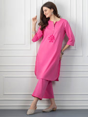 Magenta Embroidered & Mirror Work Cotton Straight Kurta from Shaye India , Kurta for women