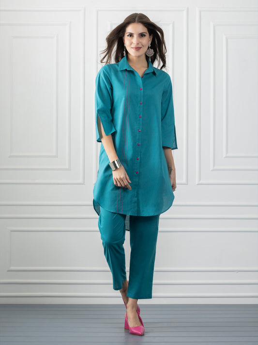 Turquoise Stitch Detailing Shirt Collar Button Up Kurta from Shaye India , Kurta for women