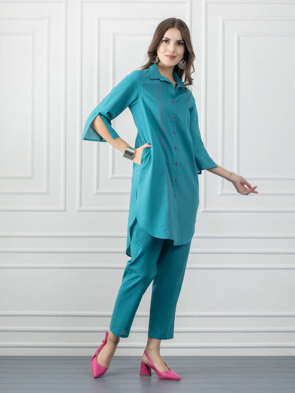 Turquoise Stitch Detailing Shirt Collar Button Up Kurta from Shaye India , Kurta for women