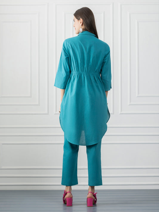 Turquoise Stitch Detailing Shirt Collar Button Up Kurta from Shaye India , Kurta for women