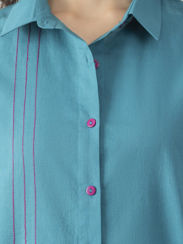 Turquoise Stitch Detailing Shirt Collar Button Up Kurta from Shaye India , Kurta for women