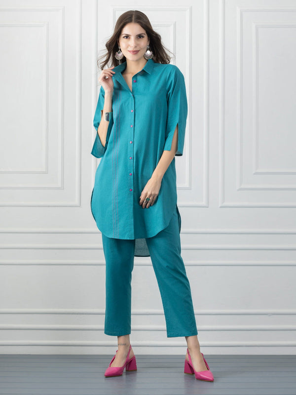Turquoise Stitch Detailing Shirt Collar Button Up Kurta from Shaye India , Kurta for women