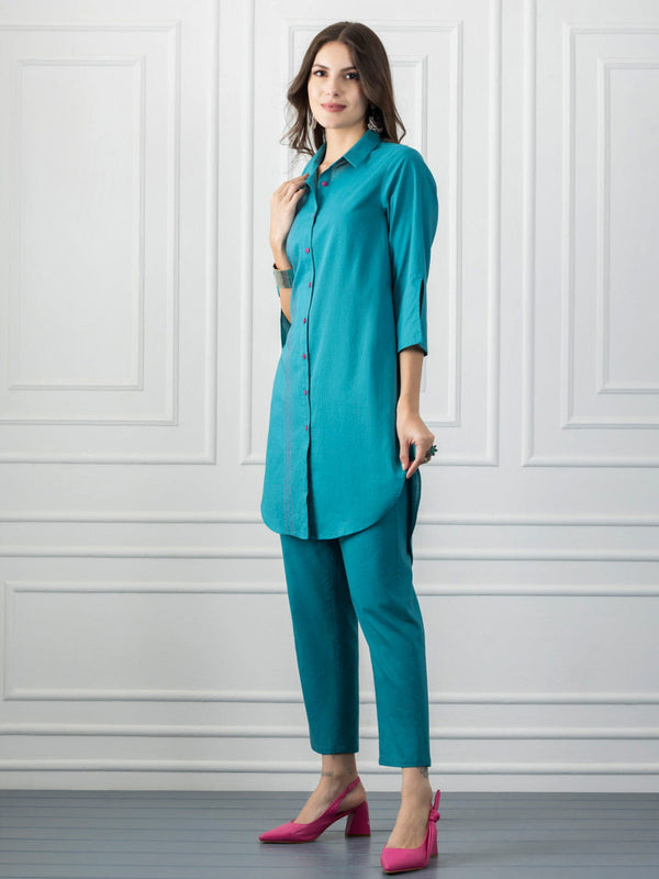 Turquoise Stitch Detailing Shirt Collar Button Up Kurta from Shaye India , Kurta for women