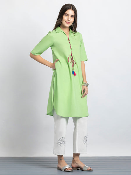 Green Shirt Collar Kurta & Trouser Set from Shaye India , Kurta Set for women