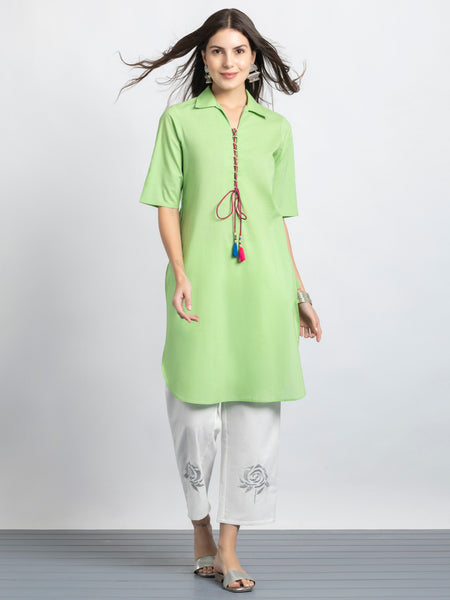 Green Shirt Collar Kurta & Trouser Set from Shaye India , Kurta Set for women