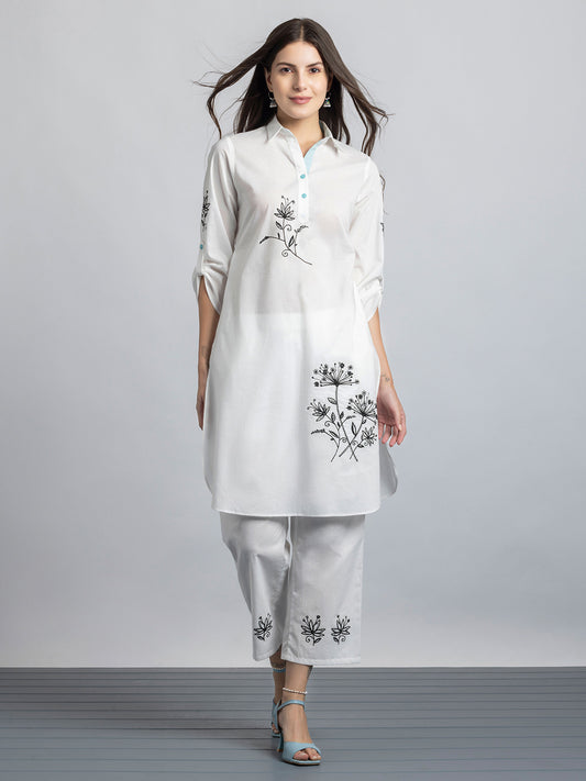 White Floral Dori Embroidered Straight Kurta from Shaye India , Kurta for women