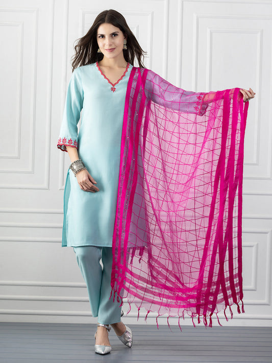 Pale Blue Embroidered Kurta Set with Dupatta from Shaye India , Kurta Set for women