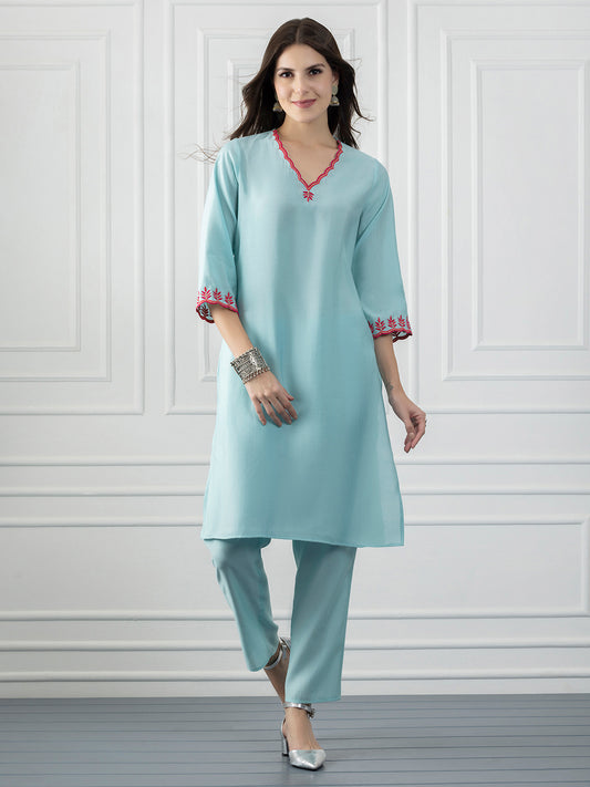 Pale Blue Embroidered Kurta Set with Dupatta from Shaye India , Kurta Set for women