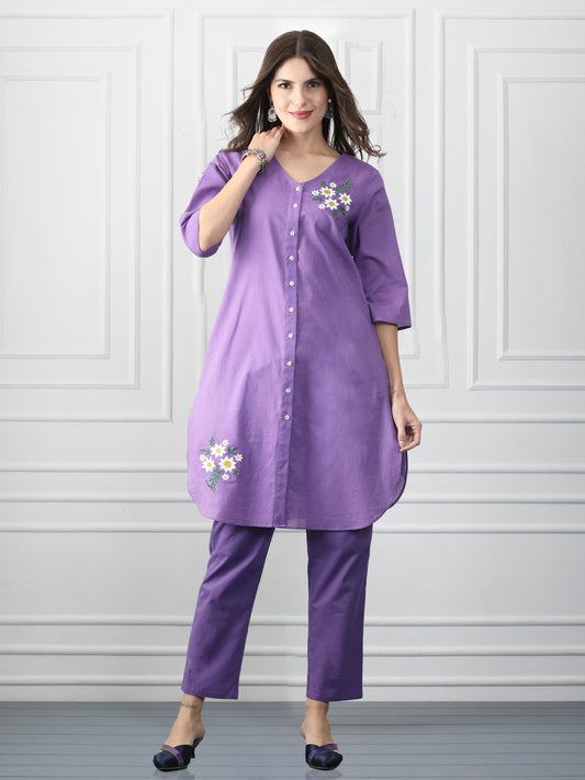 Purple Button Up Floral Embroidered Cotton Kurta from Shaye India , Kurta for women